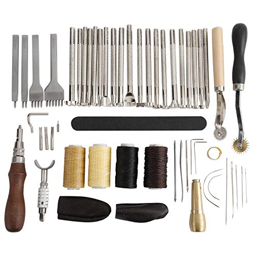 Patioer 52 Pcs Leather Tools Kit with Stitching Groover, Prong Punch and Leather Working Saddle Making Stamps Tools Set for DIY Leathercraft