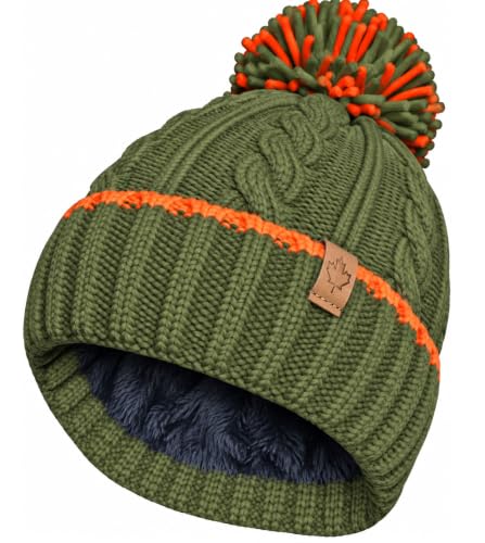 Image of OnlyBee Mens Warm Winter Chunky Ski Bobble Pompom Hat with Cosy Thermal Teddy Fleece Lined (UK, Alpha, One Size, Olive)
