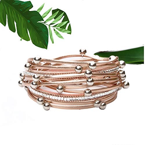 REEBOOOR Champagne Rose Gold Bracelet Women`s Leather Wrap Bracelet Multilayer Bracelets Handmade Jewelry Bohemian Gifts for Girls, Lady,Mother (Champagne Rose Gold Bracelet) - Image 3