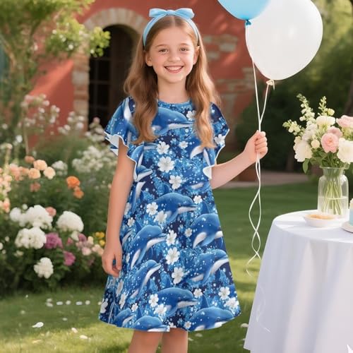 Girls Midi Dresses Toddler Girl Flowy Summer Dress Crewneck Ruffle Sleeve Sundress Fashion Clothes 3-14Y3