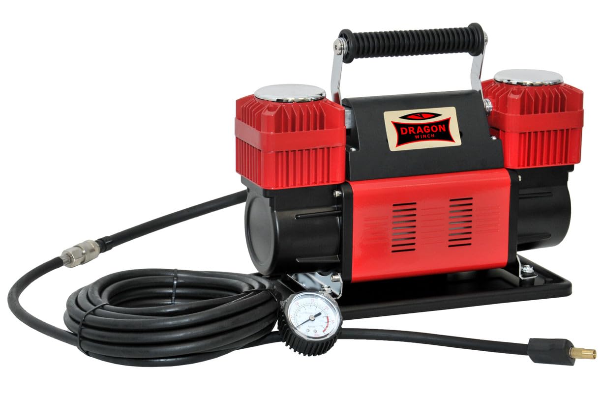 Dragon Winch Compresor aire portátil 12V | 10,​3 BAR / 150 PSI con una capacidad de 300 l/​min + manguera en espiral con manómetro, boquilla de válvula, bolsa de transporte, 3x boquillas intercambiables