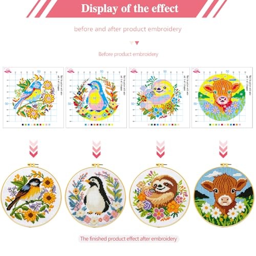 Image of Zhenging Animal Cross Stitch Kit - 4 Pre-Printed Designs (Sloth, Bird, Penguin, Calf) with 11CT 9.45x9.45 Inch Fabric, Hoop, Scissors, Threader & Tools for Beginners & Adults