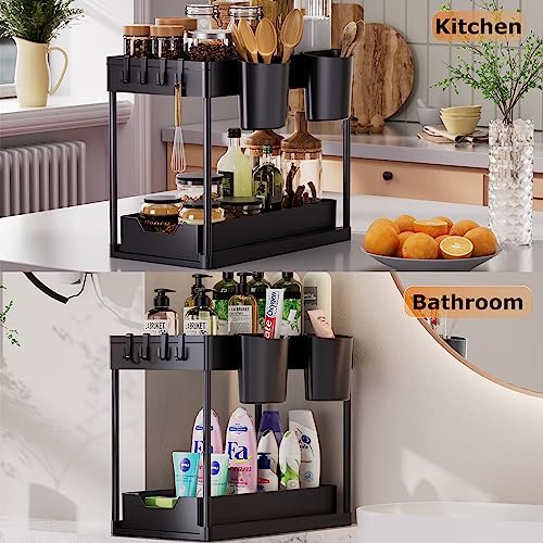 Foto von AIXPI Küchen Organizer 2 Etagen, Unter Waschbecken Regal mit Haken und Tasse Gewürzregal Spülschrank Organizer Küchenregal Schrank Organizer für Badezimmer Küche Schwarz