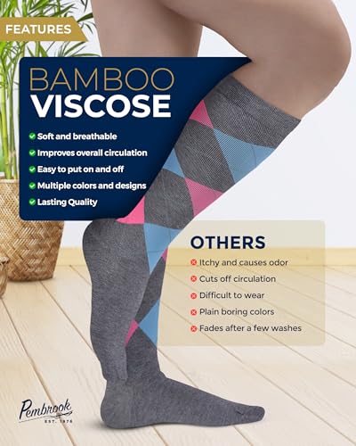 Image of Pembrook Bamboo Viscose Light Compression Socks - 3 Pairs | 8-15 mmHg Light Compression Socks for Women and Men | Knee High Navy, Dark Grey, Light Grey Argyle | Knee High Mens and Womens