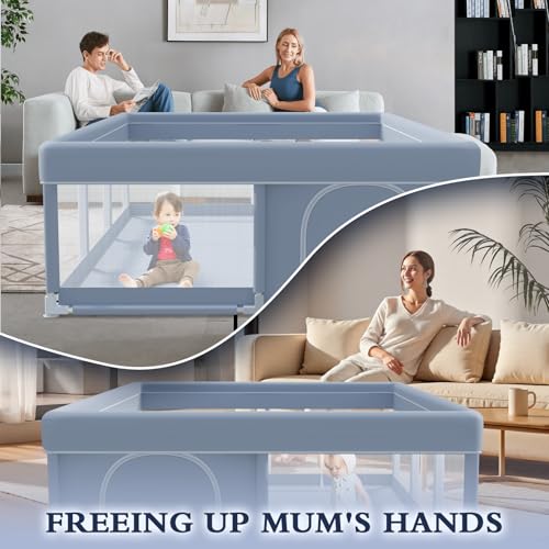 Image of XVISHX 74 x 50 Inch Baby Playpen, Playpen for Babies and Toddlers, Baby Play Pen Playard for Indoor & Outdoor Active Center Game Fence, with Skin-Friendly Fabric and Soft Breathable Mesh, Grey