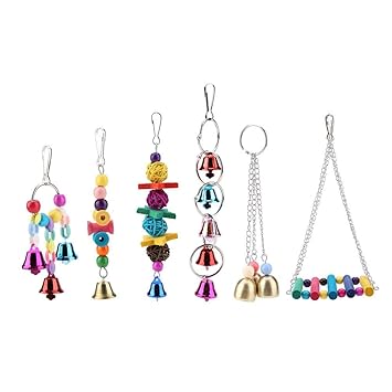 HEEPDD Bird Swing Toy, 6pcs/Set Colorful Wooden Hanging Bell Toy Parrot Cage Hammock Chewing Toy for Small Cockatiels Conures Macaws Parrots Love Birds Finches