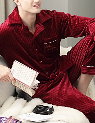 Snoly Men's Winter Velvet Velour Pajama Set Lounge Striped Sleepwear Pjs Nightwear With Long Sleeve4