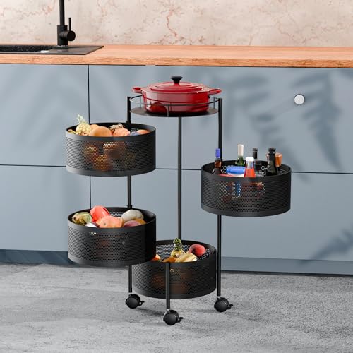 TEX-RO Kitchen Trolley with Wheels | 4-Layer Metal Vegetable Basket Stand & Kitchen Storage Rack | Multipurpose Kitchen Organizer for Onion Potato Sto
