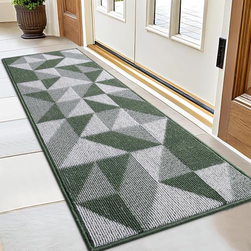 Image of OLANLY Door Mat Indoor Entrance Washable 59x23, Odor-Free Low-Profile Front Back Geometric Doormat, Absorbent Resist Dirt Entry Carpet, Easy to Clean Sturdy Inside Floor Mats for Entryway, Green