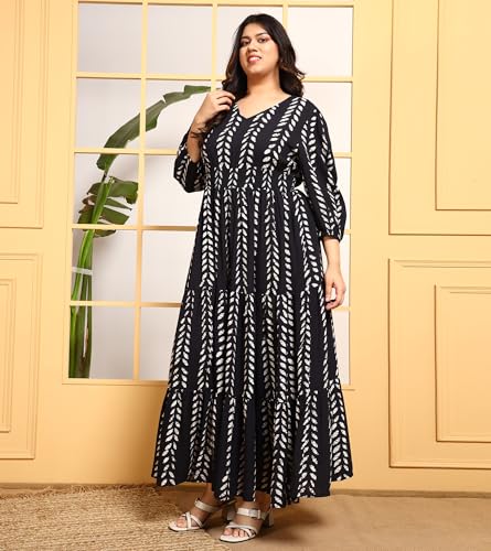 Image of DEEBACO Women's Plus Size Solid Rayon Tiered Maxi Dress|3 /4 Sleeve|V-Neck|Casual Trending Stylish Long One Piece Dresses Women Western