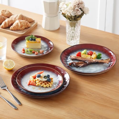 Image of vancasso Starry Dinnerware Set for 4, Handmade Reactive Glaze Stoneware 12 Pieces Plates and Bowls Sets, Dishwasher and Microwave Safe Dish Set, Red