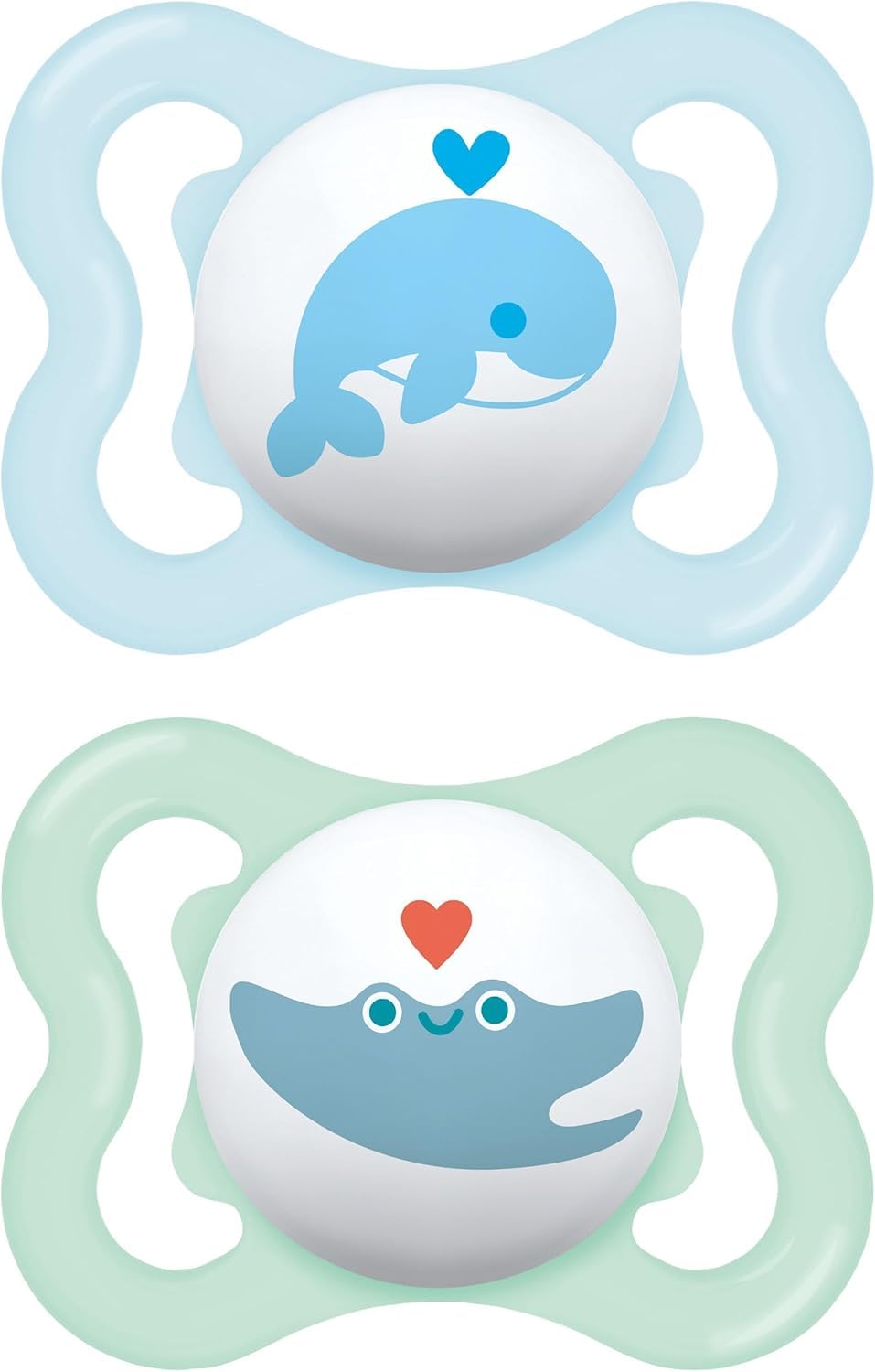 MAM Air Succhietto 2-6 Mesi (Set da 2), Ciuccio MAM 2-6 mesi per pelli sensibili e delicate, Kit da 2 accessori neonato con tettarella in silicone e porta ciuccio sterilizzatore, Azzurro/Verde
