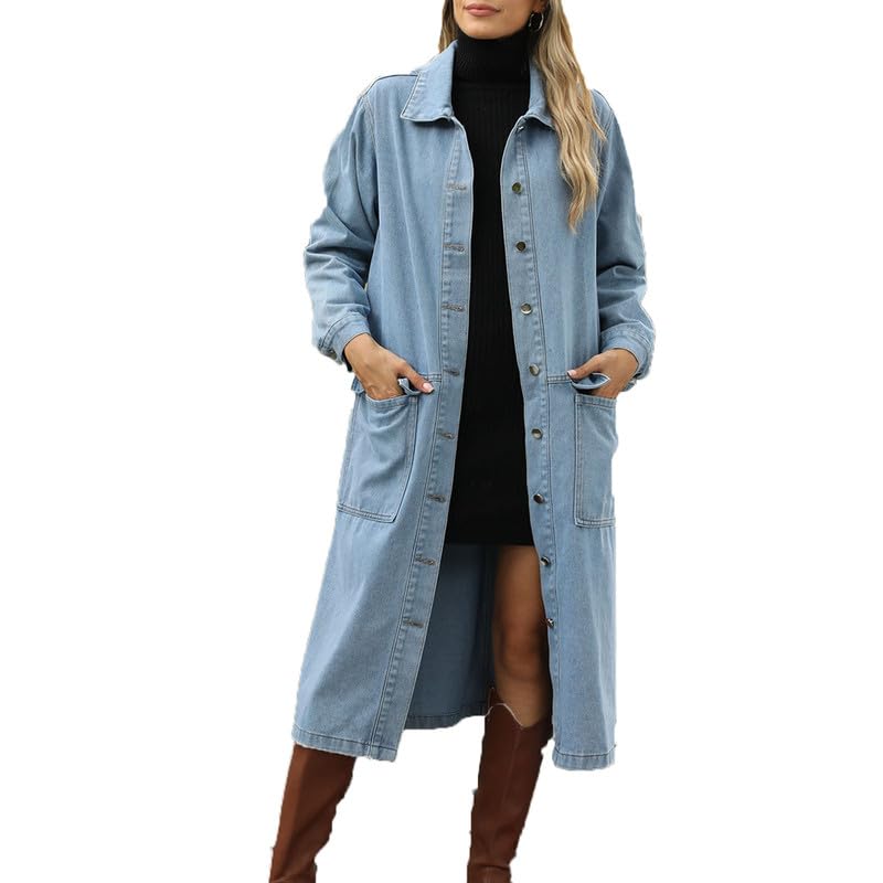 Veste Longue en Jean décontractée surdimensionnée pour Femme, Trench-Coat en Jean à Manches Longues avec Poches