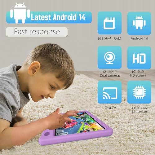 Image of Tablet for Kids 10.1 inch Android 14, 8GB+64GB(TF 1TB) 6000mAh Kids Tablet WiFi6 Parental Control,Face Unlock, 1280 * 800 HD Screen (Purple)