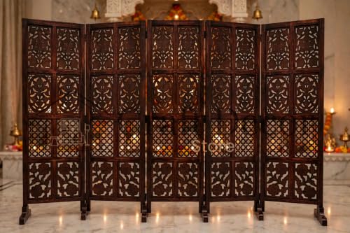 Image of Wooden Room Partition Screen Divider with Stand for Living Room and Bedroom (Brown) | Folding Sheesham Wood Room Separator Wall for Office and Salon