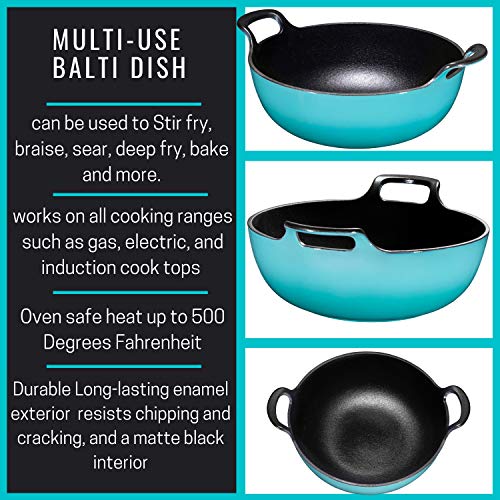 Enameled Cast Iron Balti Dish With Wide Loop Handles, 5 Quart, Turquoise - Thumbnail 5