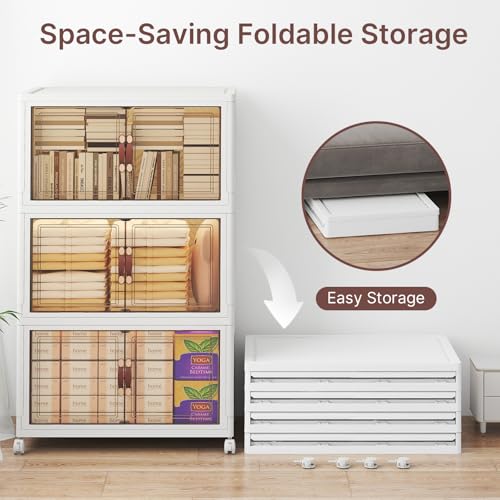 Image of UAMFURI Stackable Storage Bins with Lids, 360QT Closet Organizers, Lockable Storage Cabinet,Foldable Storage Box with Doors and Wheels, Plastic Drawers for Home, Garage, Office (3, White, Large)