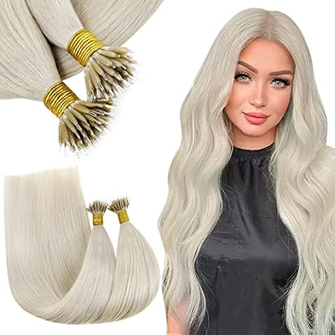 RUNATURE Blonde Nano Hair Extensions Human Hair White Blonde Nano Ring Hair Extensions Blonde Remy Nano Tip Human Hair Extensions Straight 12 Inch 40 Gram Cover