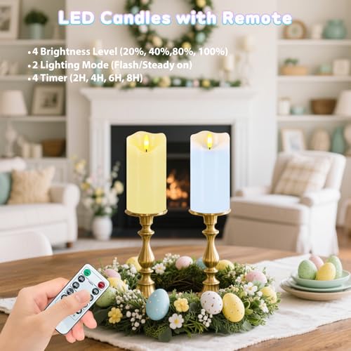 Image of Flameless Candles Light, Set of 2 6 inchx3 inch Flickering Pastel Spring LED Candles with Remote & Timer, Dimmable Real Wax Easter Pillar Candles Battery Operated for Home Spring Easter Decor (Blue Yellow)