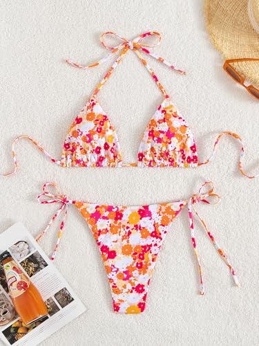 Image of Tainehs Women's Sexy Halter Thong Bikini Tie Two Sides Bottom Triangle Bikini Swimsuits