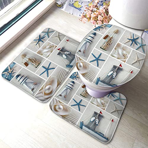 Badezimmerteppich-Set, 3-teilig, Collage aus Sommer-Seesternen, waschbarer Badeteppich, rutschfest, mit Rückenpolster, Konturteppich und Toilettendeckelbezug