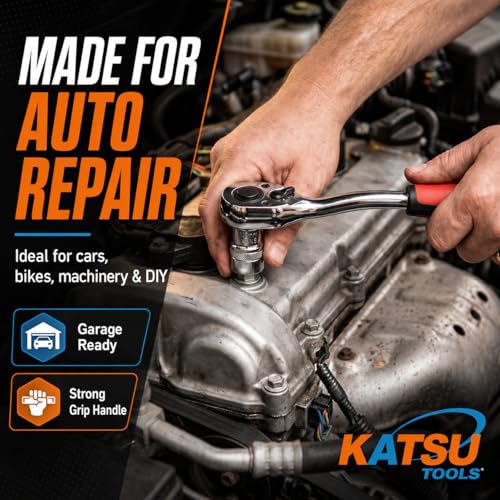 Image of KATSU 3 /8 Inch Socket Set 12Pcs, 10-24mm Metric Drive with 24-Teeth Quick-Released Ratchet Wrench and 6 inch Extension Bar, High Grade Chrome Vanadium Steel, Auto Repairing Garage Tool 420341