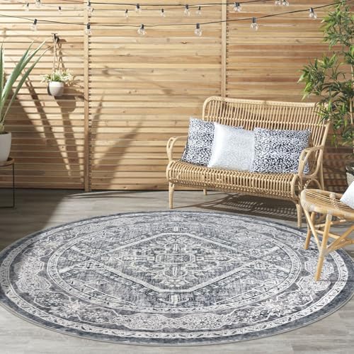 KUTA Oriental Round Rugs 5ft, Grey Washable Circle Rug 5ft, Non-Slip Printed Vintage Medallion Carpet for Living Room, Soft Cozy Dining Kitchen Throw for Entryway