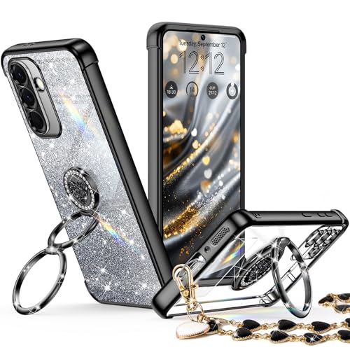 Coque Galaxy A35 5G XYZ transparente pailletée noire avec double anneau support pour femme