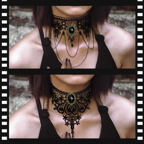 Gothic Necklaces for Women Black Choker Collar Necklaces for Women Witch Goth Necklace Sexy Lace Choker Set Statement Punk Necklace Cosplay Vampire Accessories Gothic Halloween Jewelry2