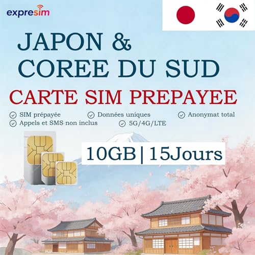 Carte SIM Prépayée Japon et Corée du Sud | 10Go Pendant 15 Jours| SIM à données Uniques| sans Engagement sans Inscription Forfait Prépayé | Carte Mobile...