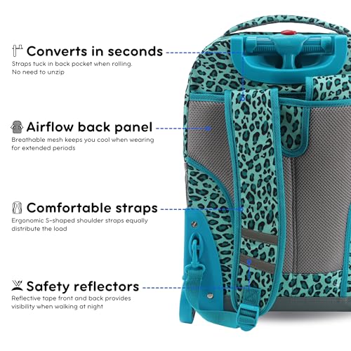 Image of J World Sunrise Kids Rolling Backpack with Wheels for Girls Boys, Roller Bookbag for School, 18 x 13 x 9 Inches, Mint Leopard