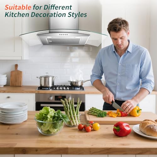 Image of Range Hood 30 Inch, Tieasy Wall Mount Kitchen Hood with Ducted /Ductless Convertible Duct, Stainless Steel Chimney and Aluminum Filters, LED Lights, 3 Speed Fan, Push Button