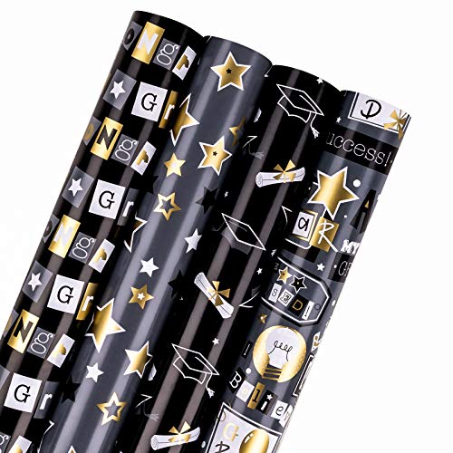 WRAPAHOLIC Graduation Wrapping Paper - Mini Roll - 4 Rolls - 17 Inch X 120 Inch Per Roll - Black Gold Trencher Cap and Star Design Perfect for Celebration Party Packing