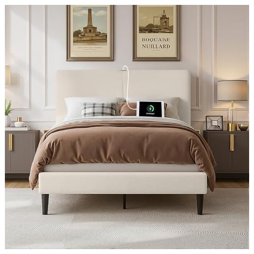 VECELO Twin Bed Frame with Type-C & USB Ports, Upholstered Platform Height-Adjustable Cotton and Linen Headboard, No Box Spring Needed, Noise-Free, Easy Assembly, Beige