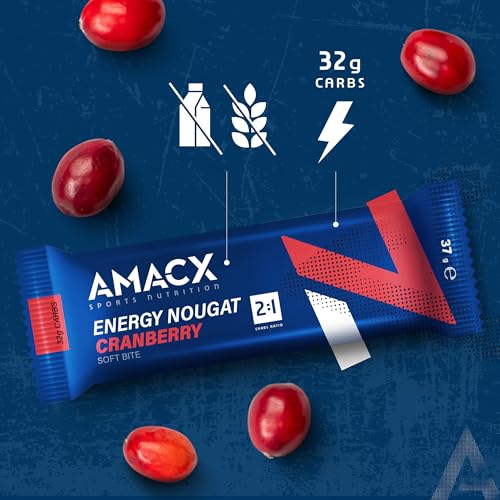 AMACX Energieriegel Nougat-Fruchtriegel – Healthy Snacks für Ausdauersportler – Energy 12er Pack – Fitness Riegel mit Glukose und Fruktose – Power Bar mit 32g Kohlenhydrate – Cranberry