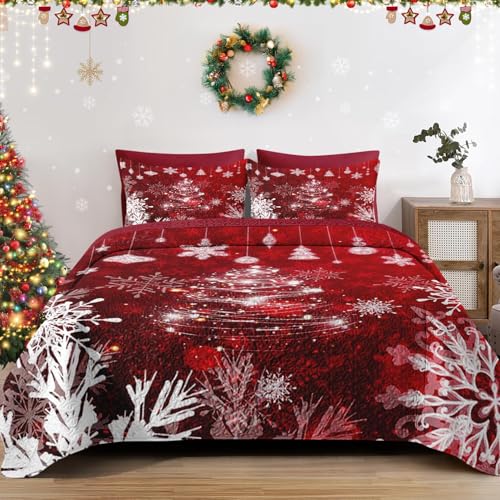 WeCozy Christmas King Size Quilt Set, Red Glitter Xmas Tree