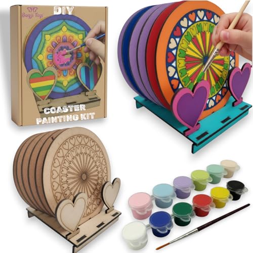 Image of BAGJI TOYS DIY Coaster Painting Kit for Kids & Adults - 6 Pre-Marked Wooden Tea Coasters with Stand, 12 Acrylic Colours & Brush - Mandala Art & Craft DIY Set - Beginner Friendly Painting Craft Kit, Birthday & Gift Activity (MandalaA4)
