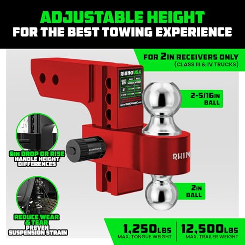 Image of Rhino USA Adjustable Trailer Hitch (Fits 2-Inch Receiver) - Heavy Duty Aluminum Tow Hitches with 6-Inch Drop /Rise for Truck (12,500 LBS GTW) - Weatherproof Double Anti-Theft Locking Hitch Pins (Red)