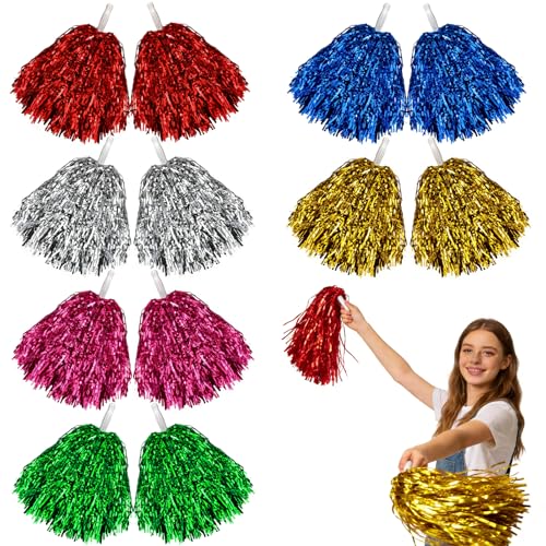 Hslife 12 Pcs Cheerleading Pom Poms Cheer Pompoms Bulk with Metallic Foil Handle Lightweight for Cheerleading Sports Games Party Dance Costume Accessories (Multicolor A)