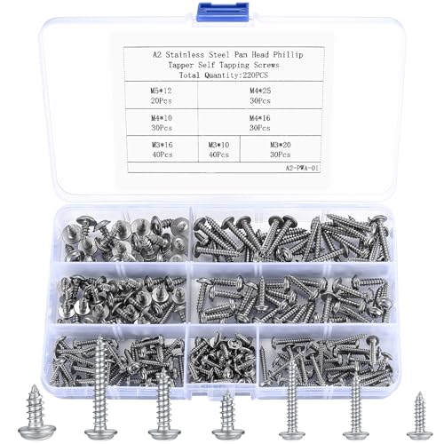 220 Stück Selbstschneidende Schrauben, Kreuzschlitz Holzschrauben mit Unterlegscheiben, Edelstahl Selbstbohrende Befestigungselemente Tellerkopfschrauben für Reparaturen, Holzbearbeitung - M3/M4/M5