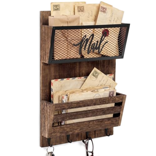 Yalikop Mail Organizer Wall Mount with Key Hooks, 2-Slot Wood Mail and Key Holder, Rustic Farmhouse Wall File for Entryway, Letter and Bill Sorter Organizer for Files, Keys and Magazines