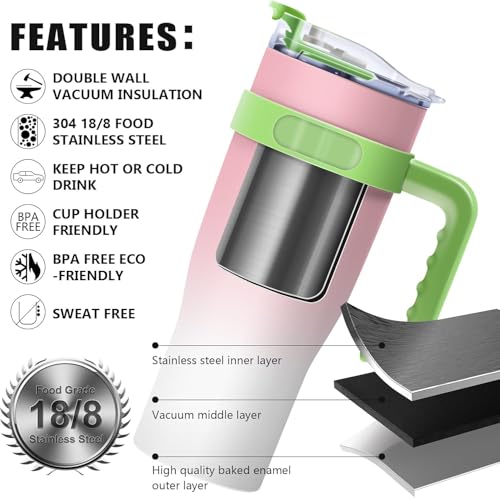 Image of MOOKA 1200ML Stainless Steel Tumbler Hot and Cold with Handle and Lid 2 Straw, Double Insulated Cup 100% Leak Proof Mug Cupholder for Gym, Travelling (Pink White)