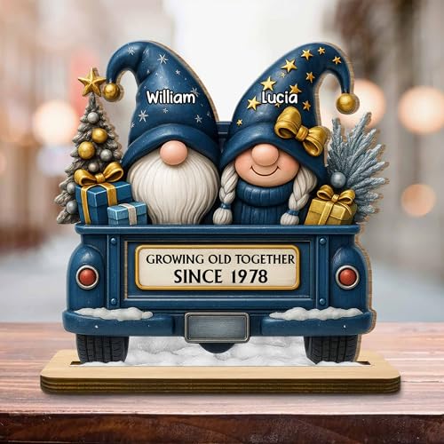 Growing Old Together Since, Gnome Couple on Holiday Bus Wooden Plaque with Flat Stand, Custom Gnome Couple Wooden Plaque, Xmas Wooden Plaque for Spouse, Wooden Plaque for Husband and Wife, Christmas