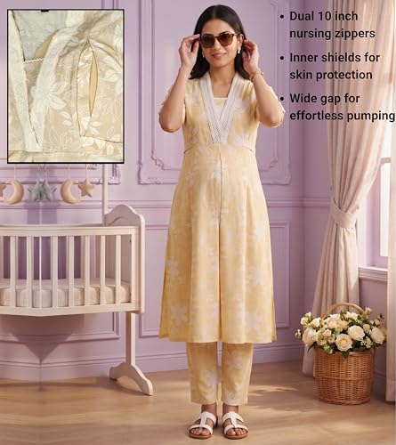 Image of DUMMY SHAPE Maternity Dresses for Women Cotton | Floral Kurta Pant Dupatta Set with Nursing Zippers, Side Pocket | Pre & Post Pregnancy | Feeding Kurti Suit | Baby Shower | Gifts for Pregnant Woman