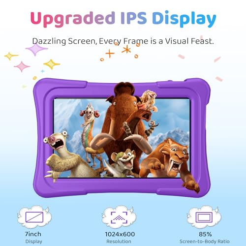 Image of Kids Tablet, 7 Inch Android 15 Tablet for Kids, 8GB+32GB 1TB Expanding, Quad Core Toddler Tablets with Shockproof Case, BT5.0, WiFi 5, Parental Controls, Games, Dual Camera (Purple)