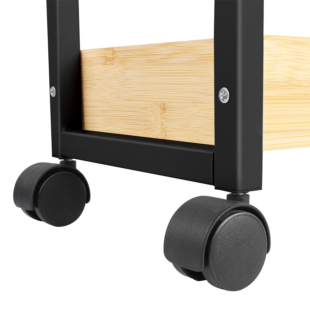 HUOLE Estantería Delgada de Baño, Carrito de Almacenamiento de 3 Niveles sobre Ruedas, Estantería de Bambú y Madera de Baño Estantería de Pie 3 Cestas dim. 30L x 20l x 80H cm-Negro