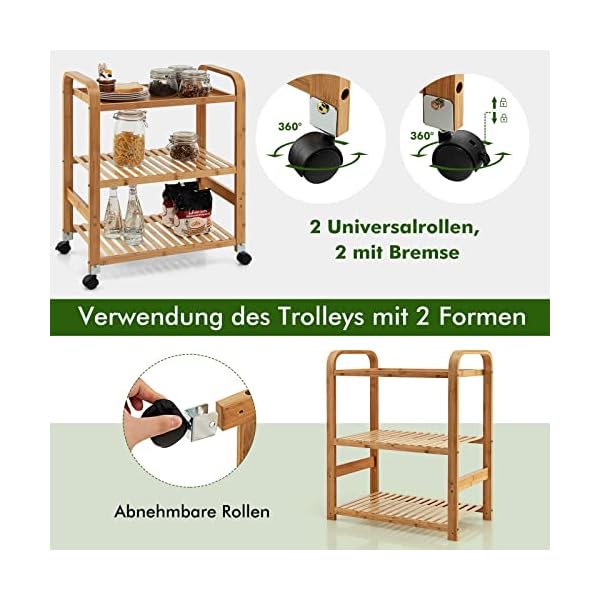 COSTWAY Servierwagen Bambus auf Rädern, Küchenwagen mit 3 Ablagen & Griffen, Lagerregal mit abnehmbarem Rollen, Rollwagen für Küche Flur Bad, Mobiler Allzweckwagen, 58 x 33 x 76 cm – Bild 4