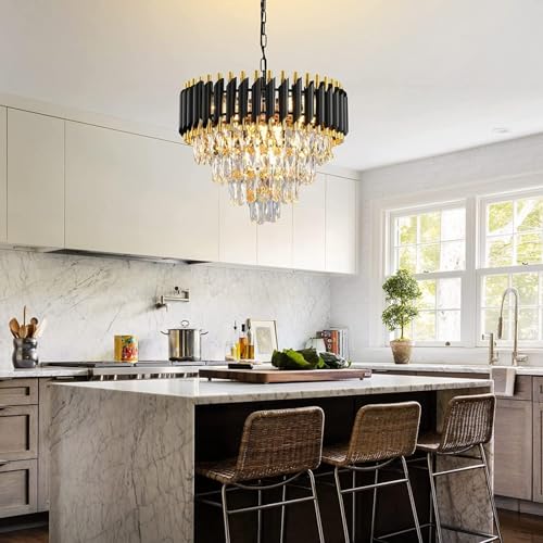 Image of Desidiya Black Mamba Modern Crystal Pendant Light 4 Tiers Black and Gold Fixtures 14 inch Round, Stainless Steel Tube Crystal Golden Finish Exqusite Design Pendant for Home and Office (500mm)