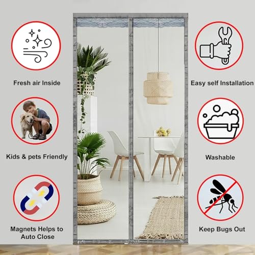 Image of The Furnishing Tree Strong Magnetic Mosquito Net Door Curtain | Automatic Self Closing | Designer Lace at the top with Breathable Fly Protection for Main Door, Balcony, Kitchen & Bedroom, 210x100 CM.