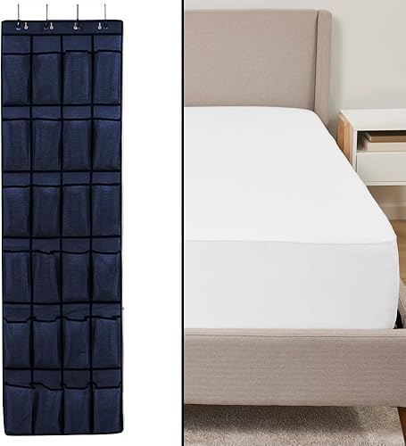 Gorilla Grip Organizador de zapatos y protector de colchón, organizador de zapatos tiene 24 bolsillos en azul marino, sobre la puerta, protector de